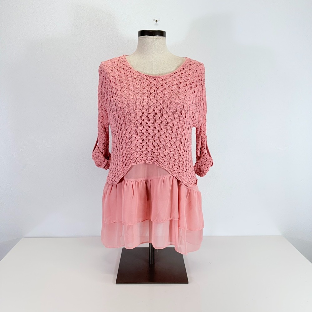 Pink Lily Mauve Pink 3/4 Roll Tab Sleeve Layered Crochet Chiffon Tunic Sweater M